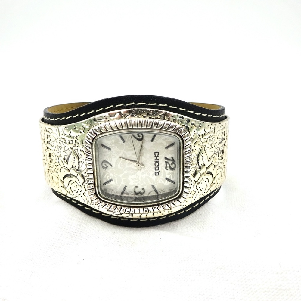 CHICO'S SILVER FLORAL CUFF BRACELET QUARTZ WATCH - Picture 4 of 10